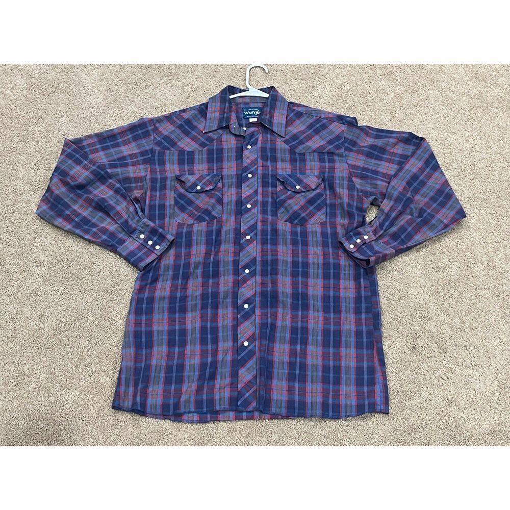 Wrangler Pearl Snap‎ Vintage Western Shirt Long Sleeve Blue Stripe Red Tag XLT